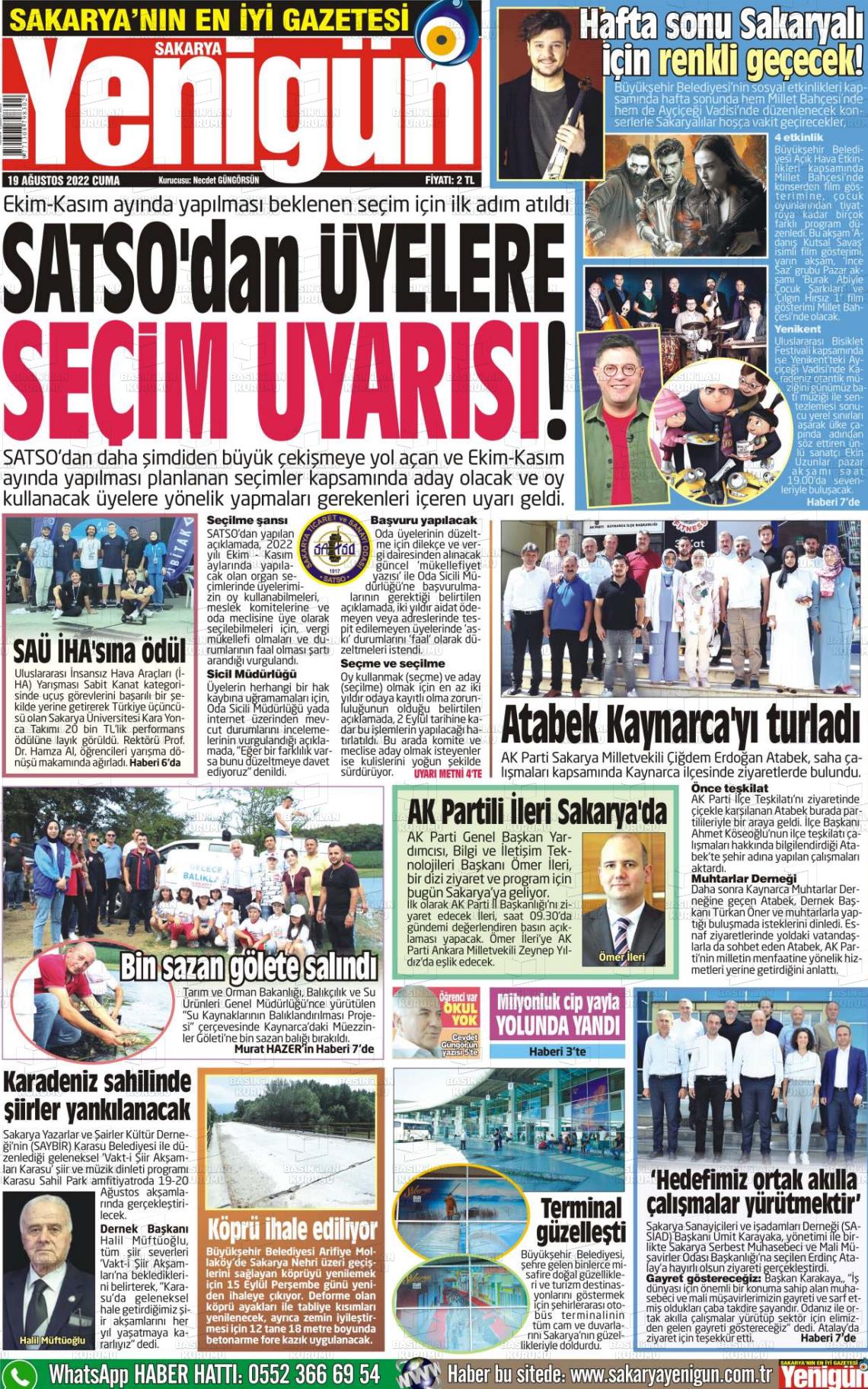 19 Ağustos 2022 Sakarya Yenigün Gazete Manşeti