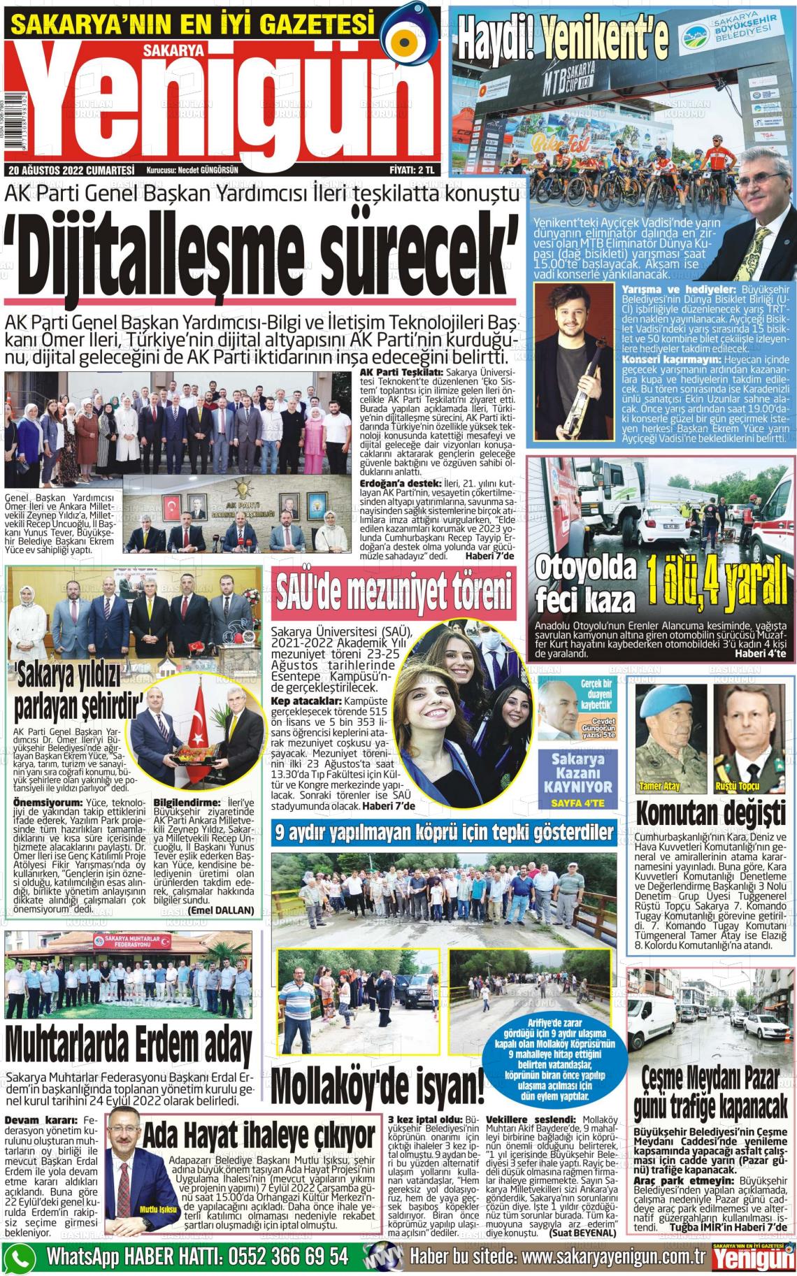 20 Ağustos 2022 Sakarya Yenigün Gazete Manşeti