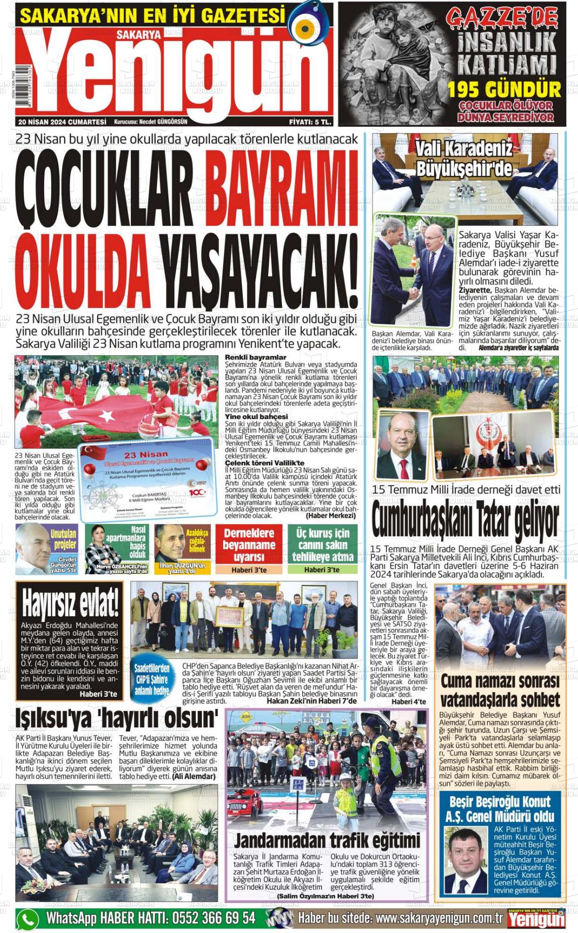 20 Nisan 2024 Sakarya Yenigün Gazete Manşeti