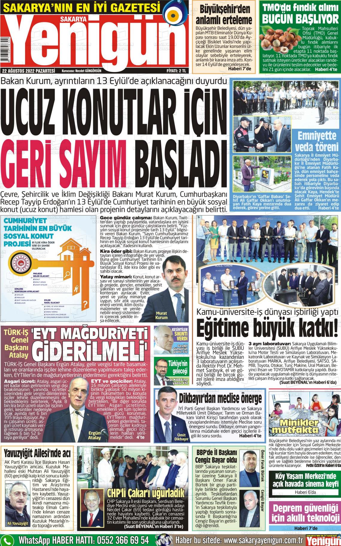 22 Ağustos 2022 Sakarya Yenigün Gazete Manşeti