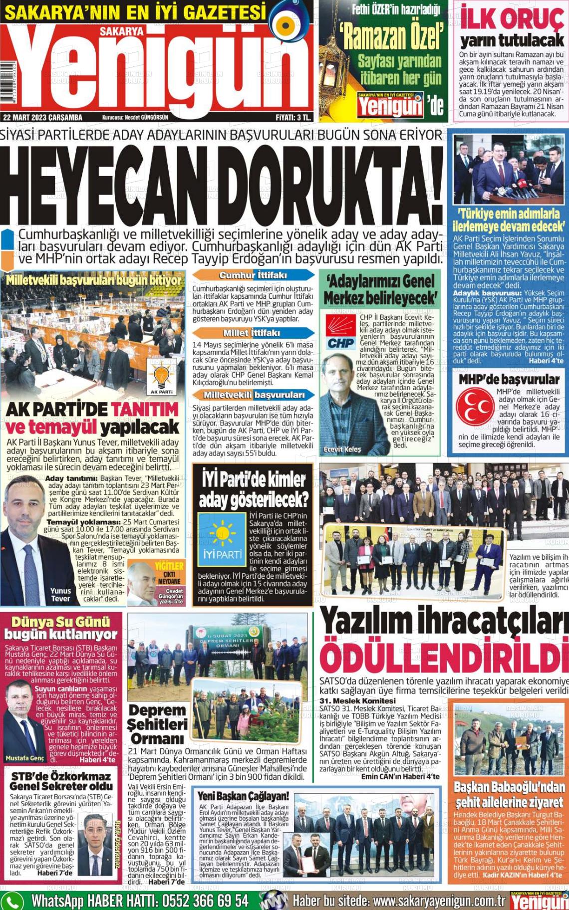 22 Mart 2023 Sakarya Yenigün Gazete Manşeti