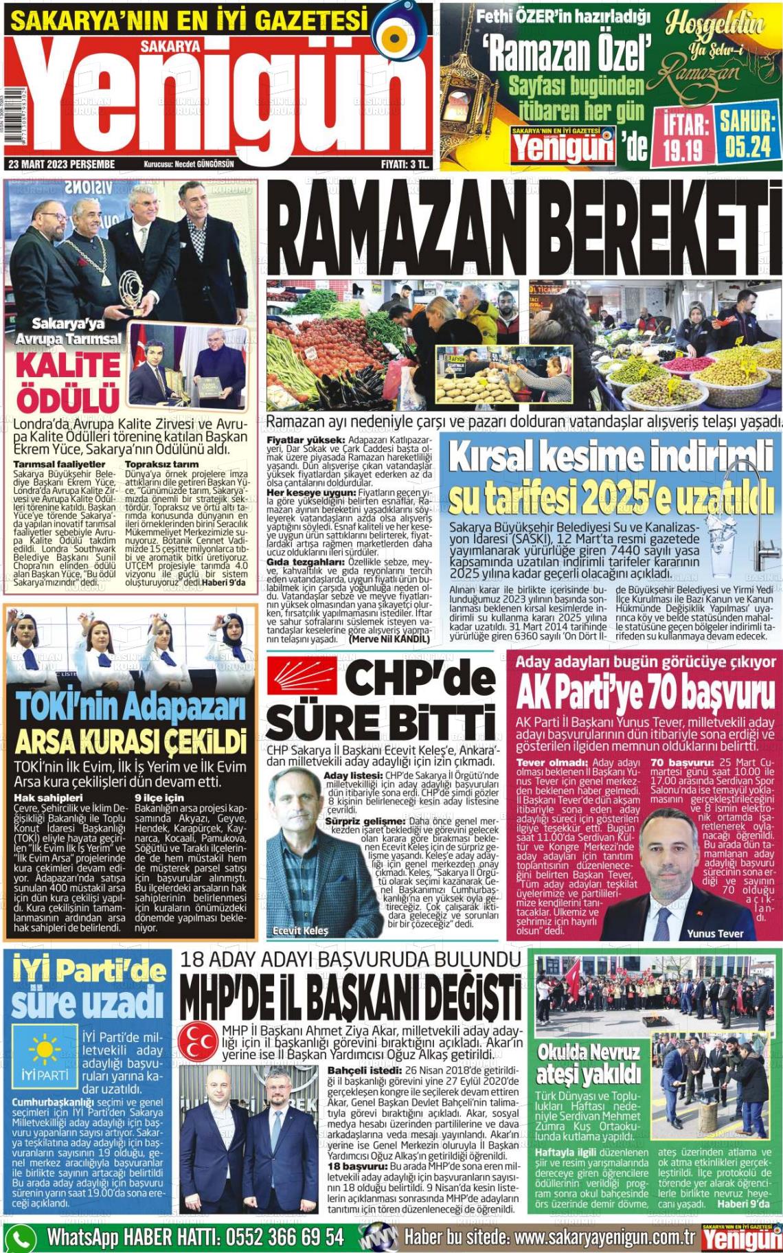 23 Mart 2023 Sakarya Yenigün Gazete Manşeti