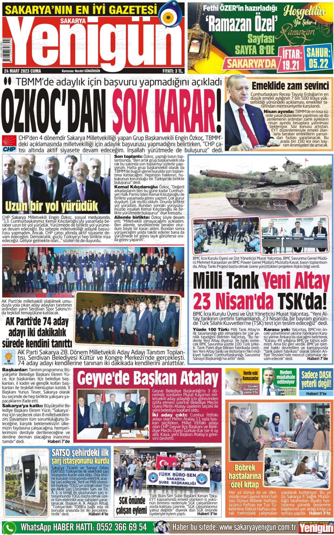 24 Mart 2023 Sakarya Yenigün Gazete Manşeti