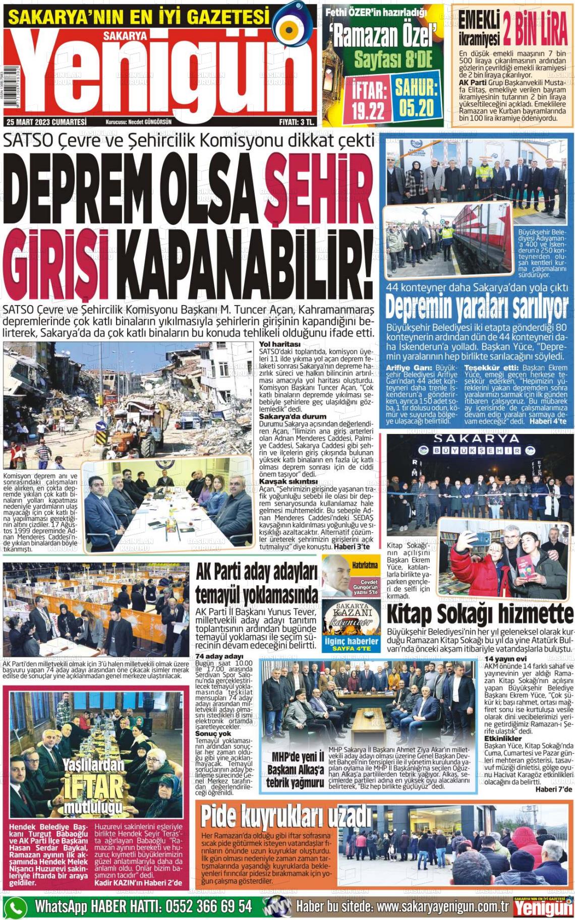 25 Mart 2023 Sakarya Yenigün Gazete Manşeti