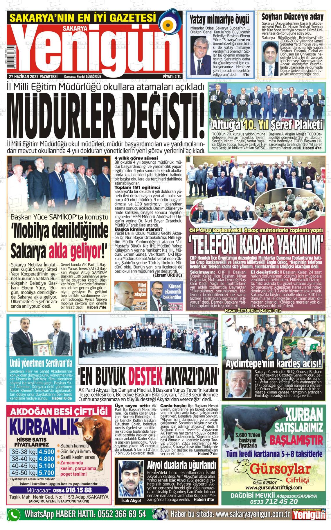 27 Haziran 2022 Sakarya Yenigün Gazete Manşeti
