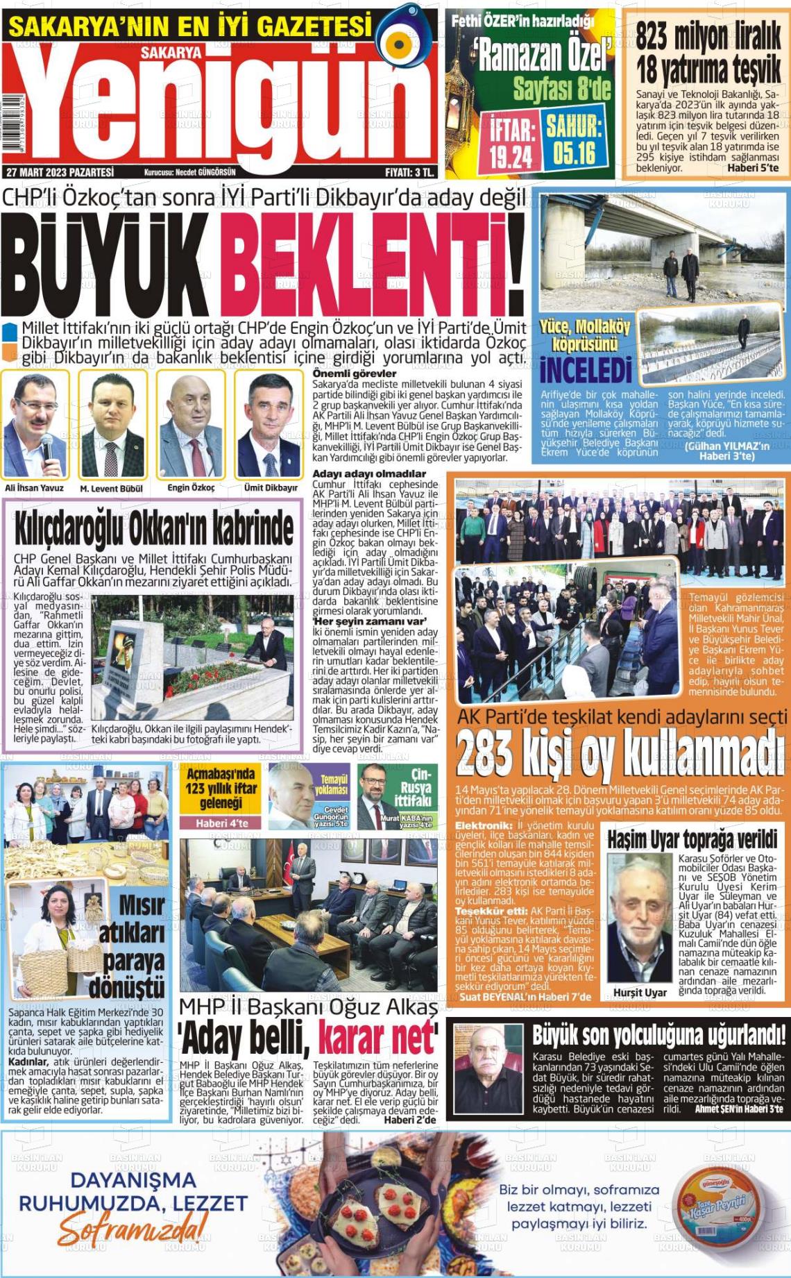 27 Mart 2023 Sakarya Yenigün Gazete Manşeti