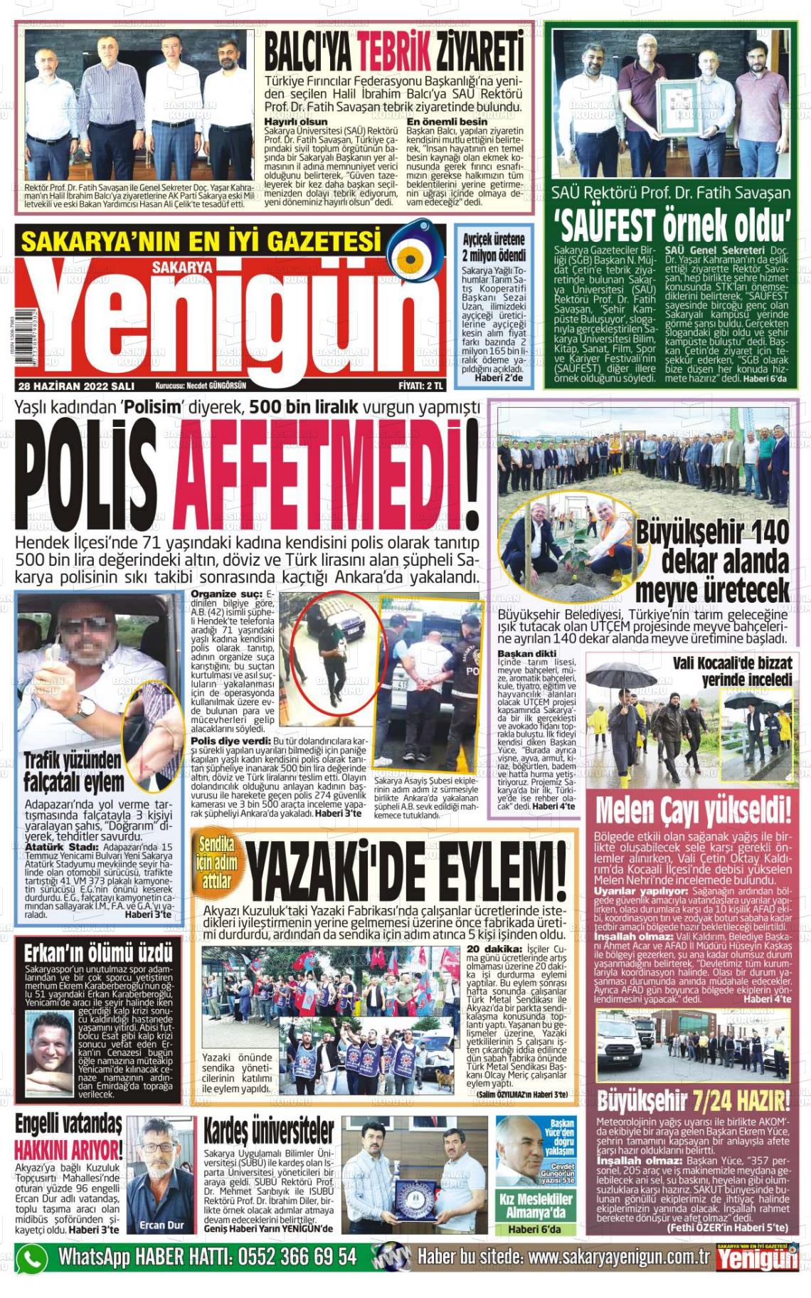 28 Haziran 2022 Sakarya Yenigün Gazete Manşeti