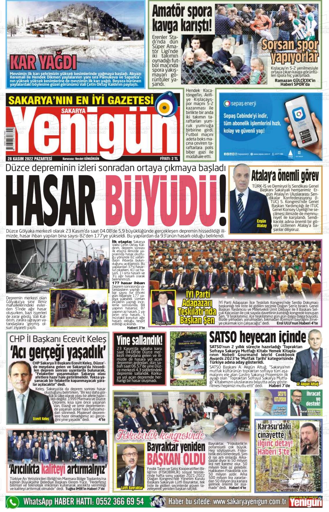 28 Kasım 2022 Sakarya Yenigün Gazete Manşeti
