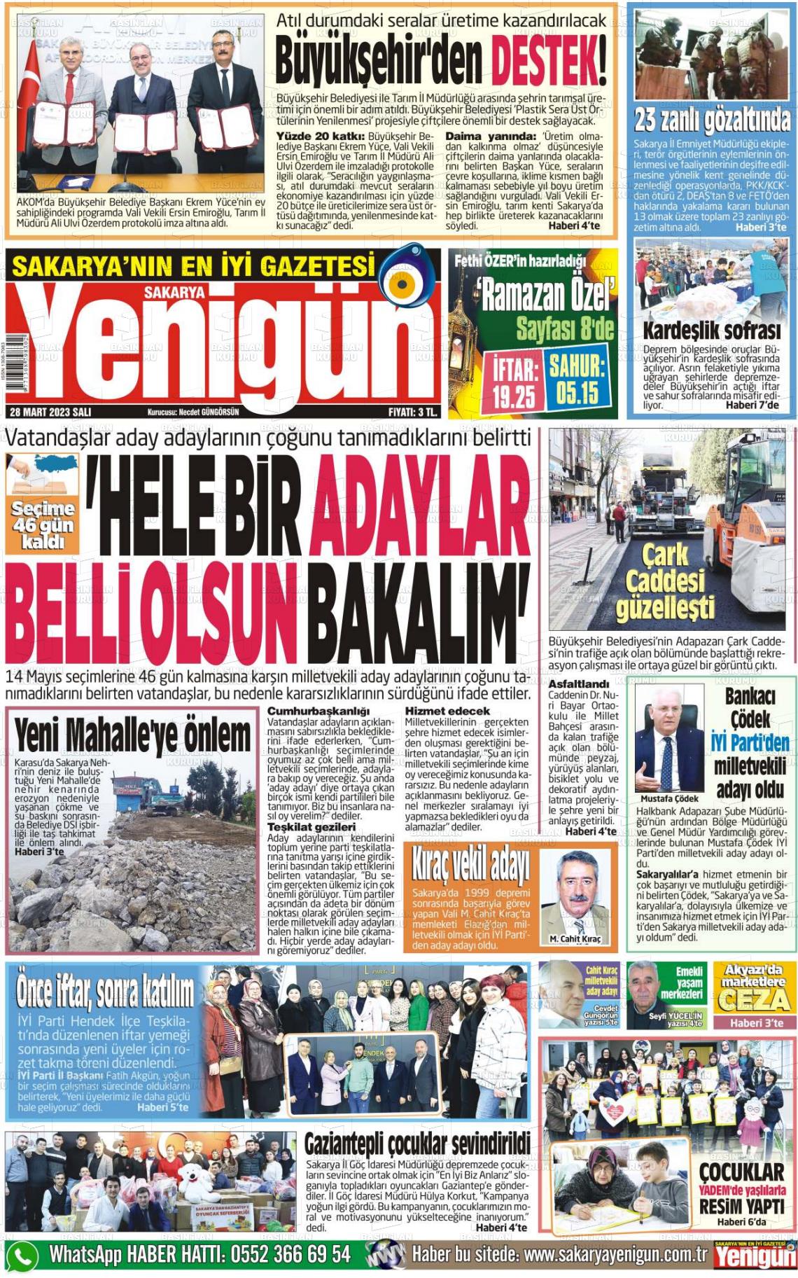 28 Mart 2023 Sakarya Yenigün Gazete Manşeti