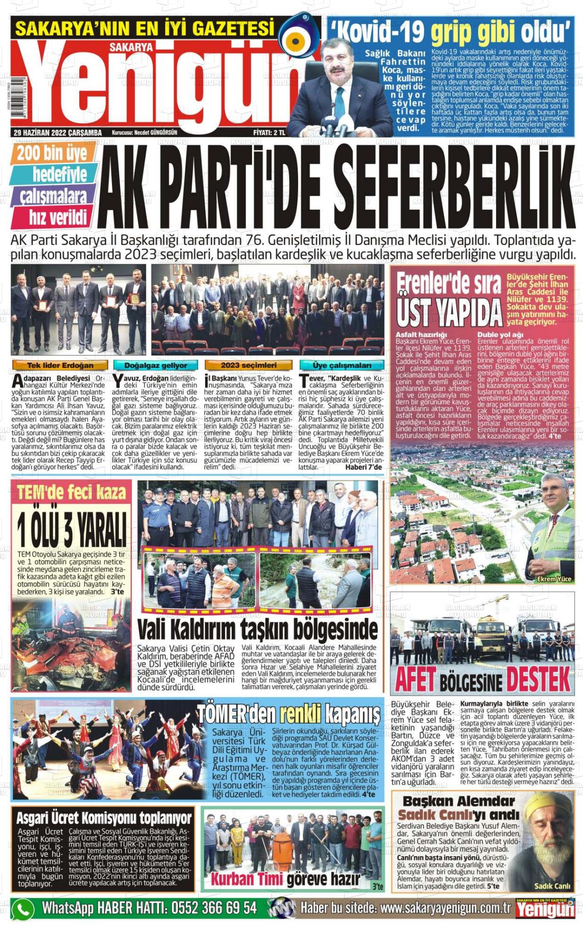29 Haziran 2022 Sakarya Yenigün Gazete Manşeti