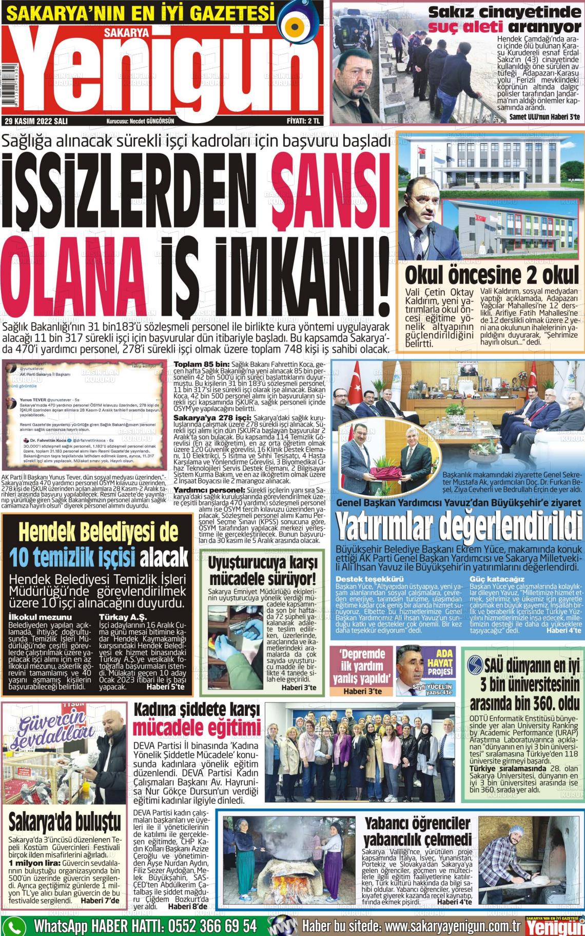 29 Kasım 2022 Sakarya Yenigün Gazete Manşeti