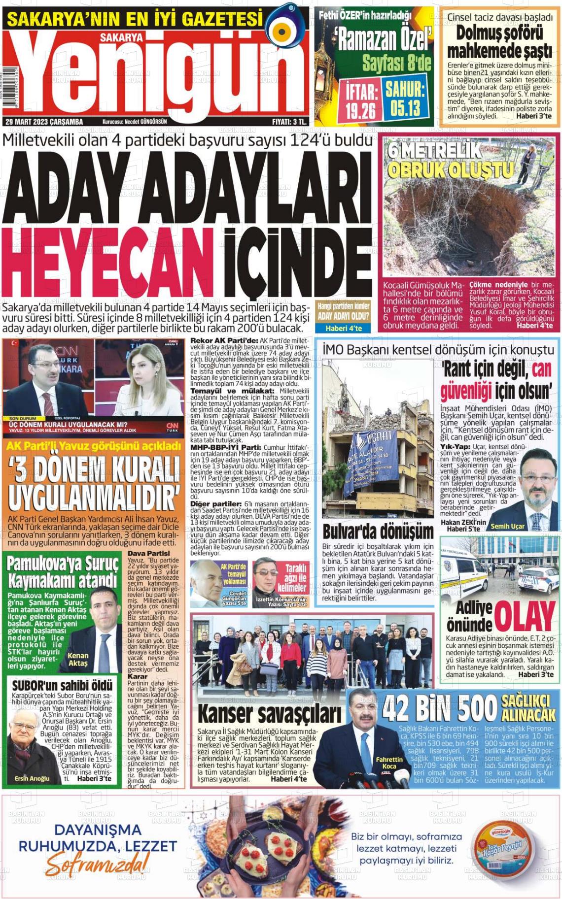 29 Mart 2023 Sakarya Yenigün Gazete Manşeti