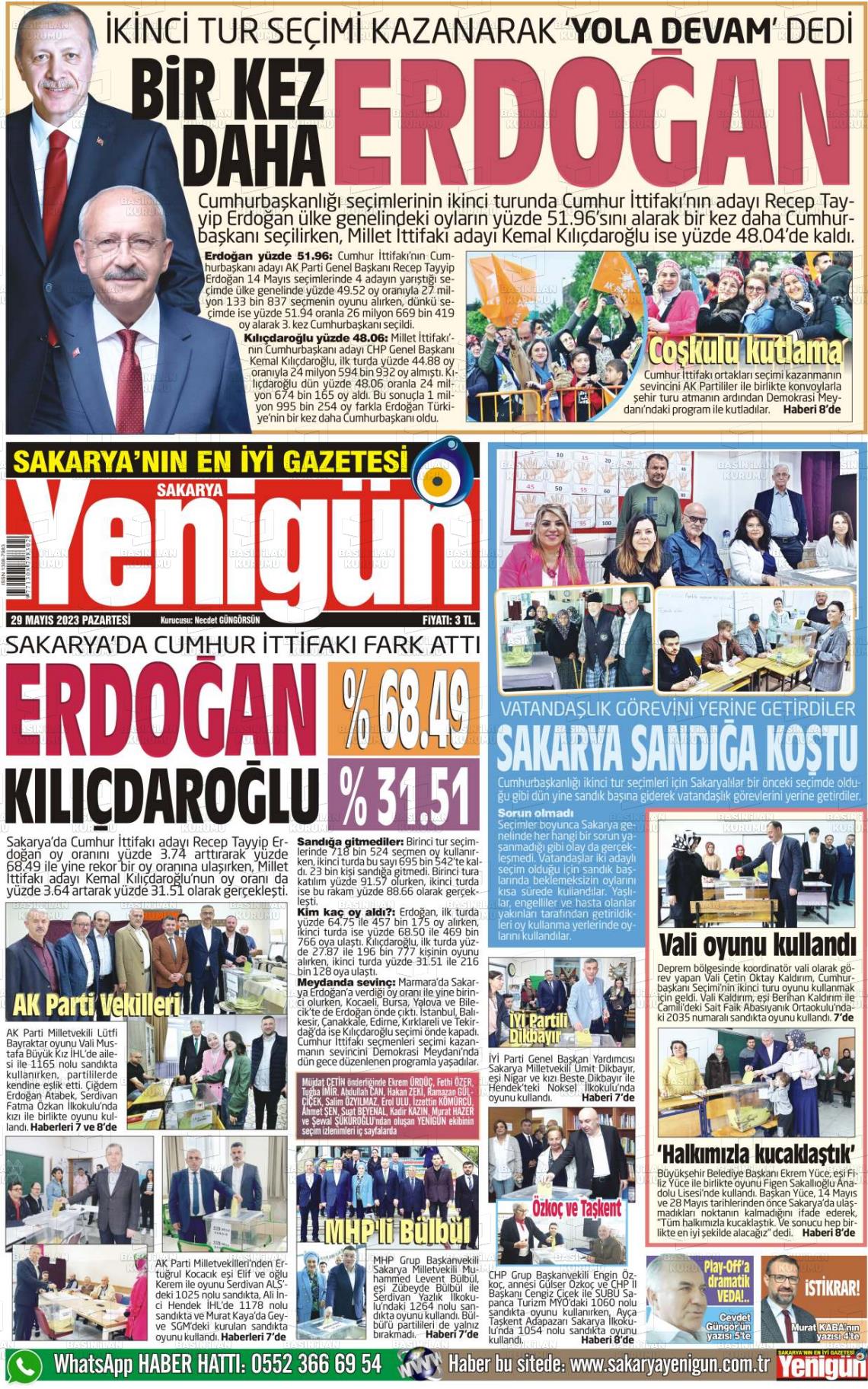29 Mayıs 2023 Sakarya Yenigün Gazete Manşeti