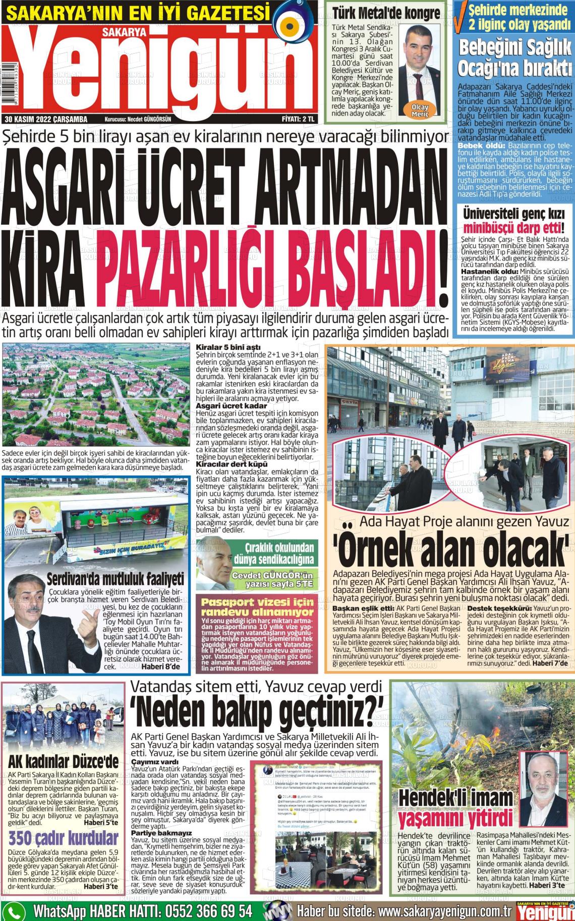30 Kasım 2022 Sakarya Yenigün Gazete Manşeti