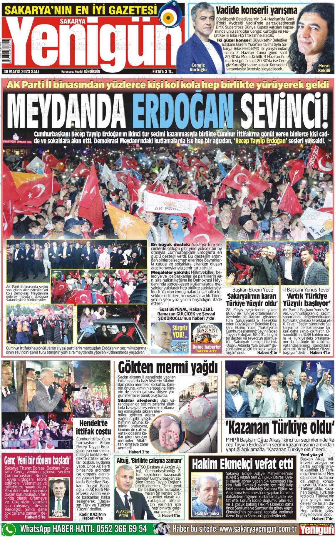 30 Mayıs 2023 Sakarya Yenigün Gazete Manşeti