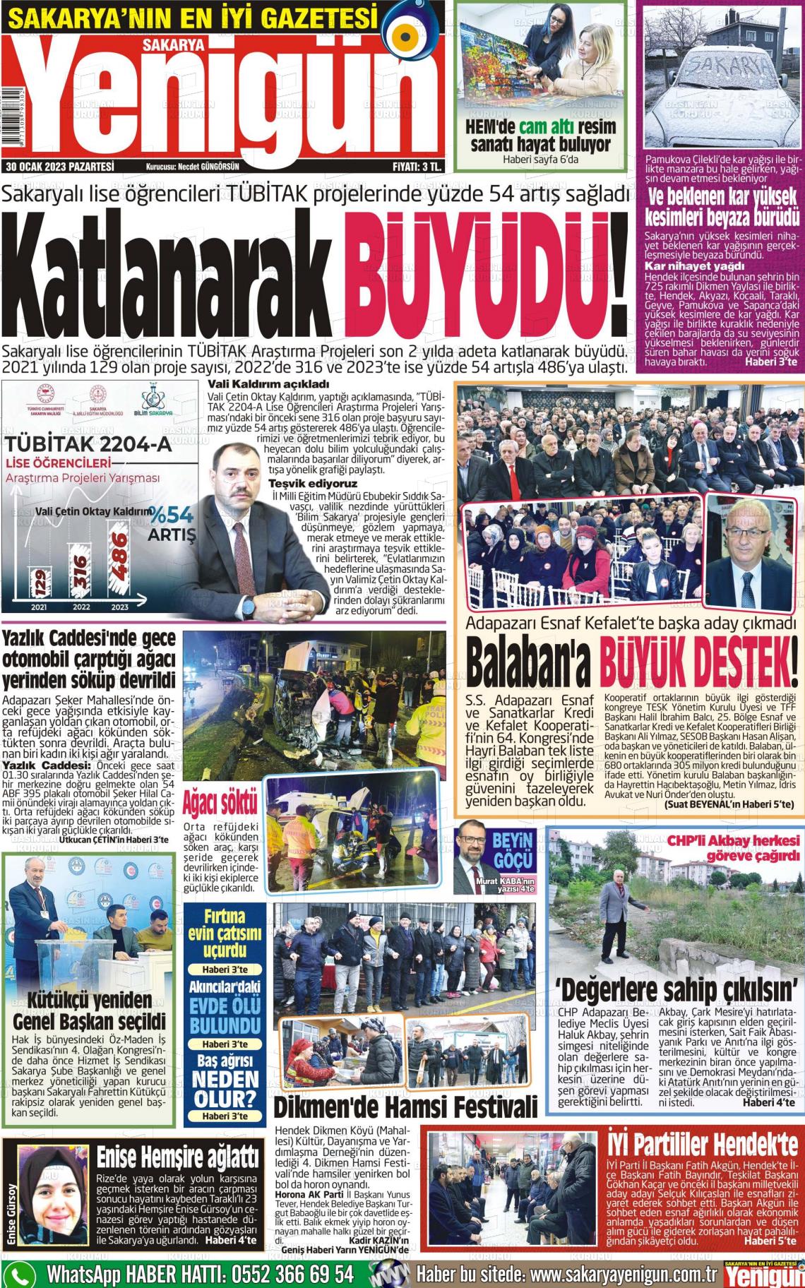 30 Ocak 2023 Sakarya Yenigün Gazete Manşeti