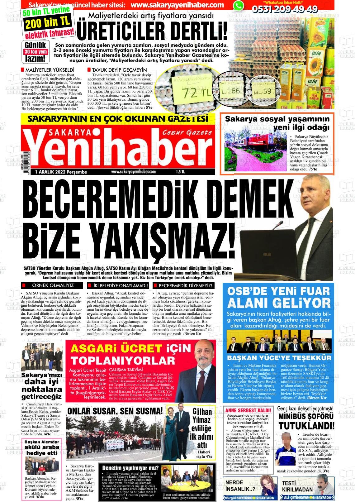 01 Aralık 2022 Sakarya Yeni Haber Gazete Manşeti