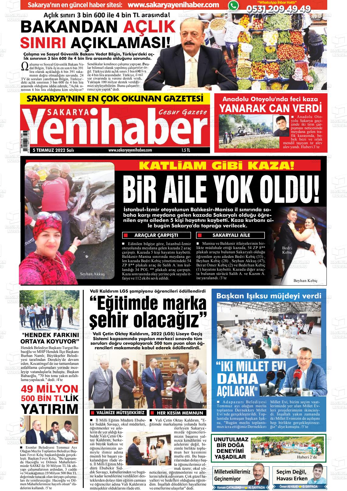 05 Temmuz 2022 Sakarya Yeni Haber Gazete Manşeti
