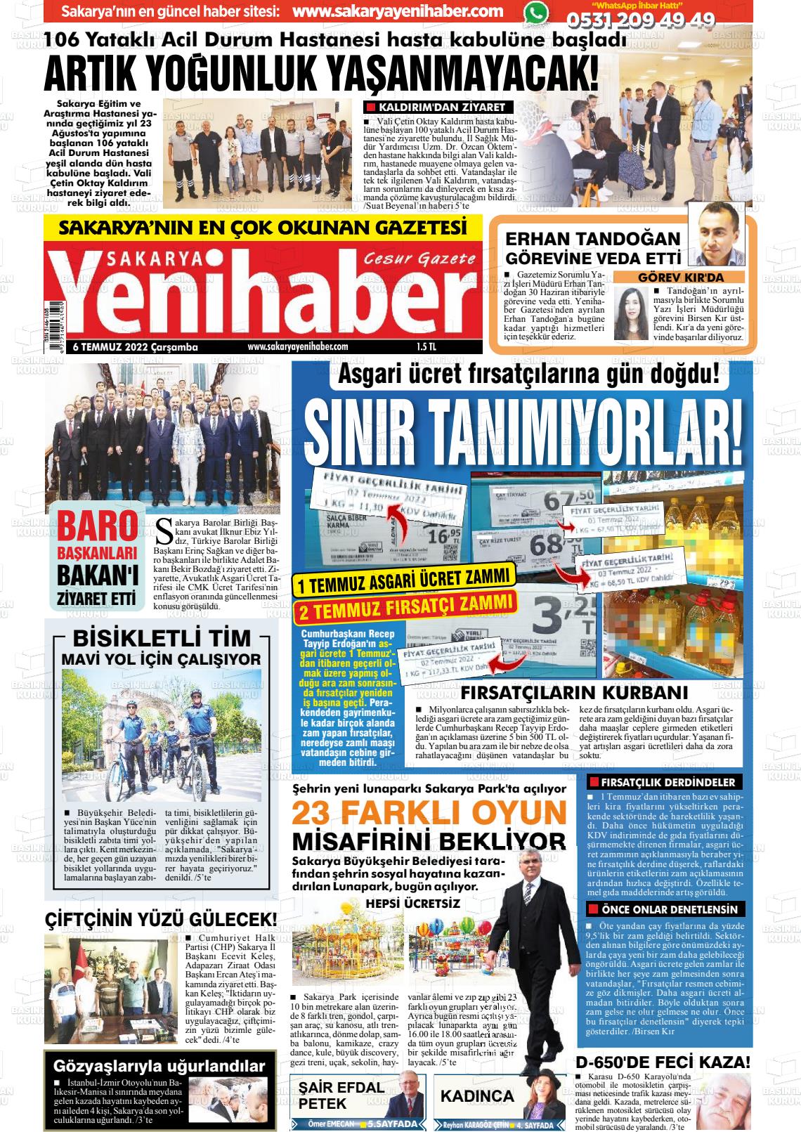 06 Temmuz 2022 Sakarya Yeni Haber Gazete Manşeti