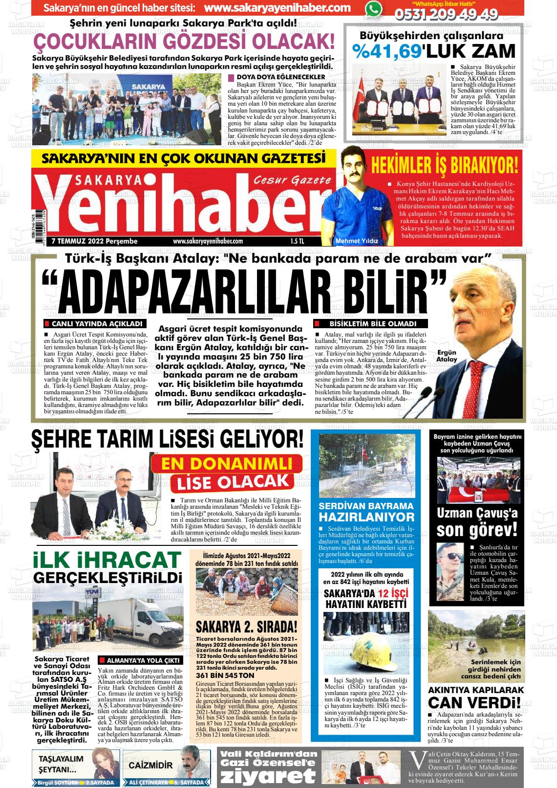 07 Temmuz 2022 Sakarya Yeni Haber Gazete Manşeti