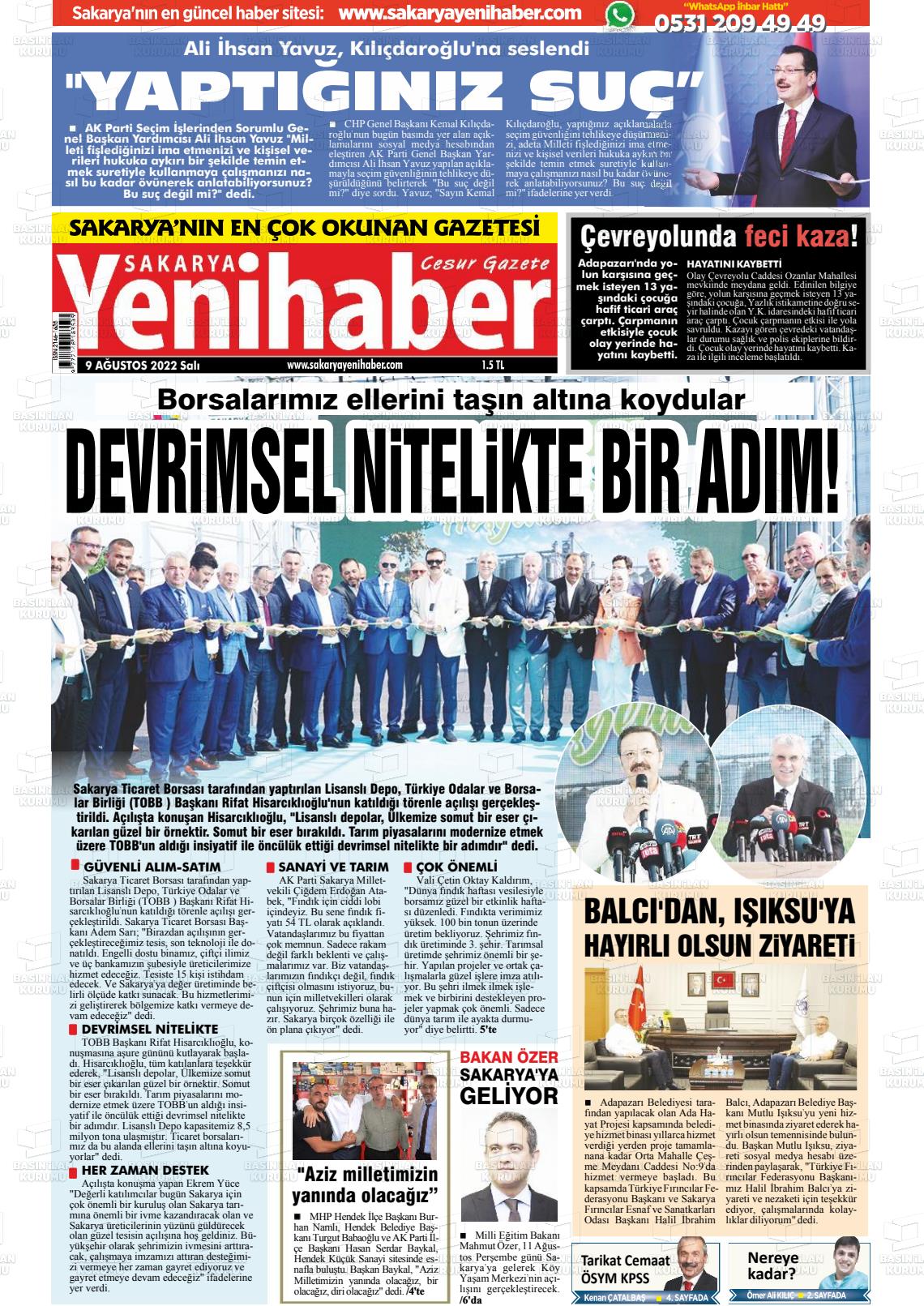 09 Ağustos 2022 Sakarya Yeni Haber Gazete Manşeti