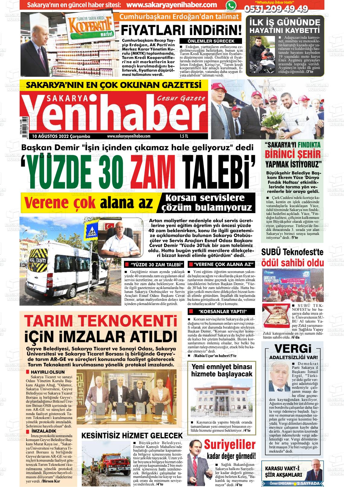 10 Ağustos 2022 Sakarya Yeni Haber Gazete Manşeti