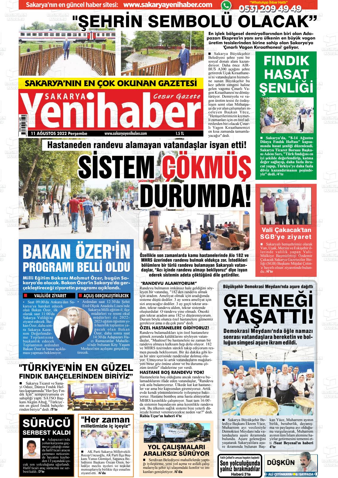 11 Ağustos 2022 Sakarya Yeni Haber Gazete Manşeti