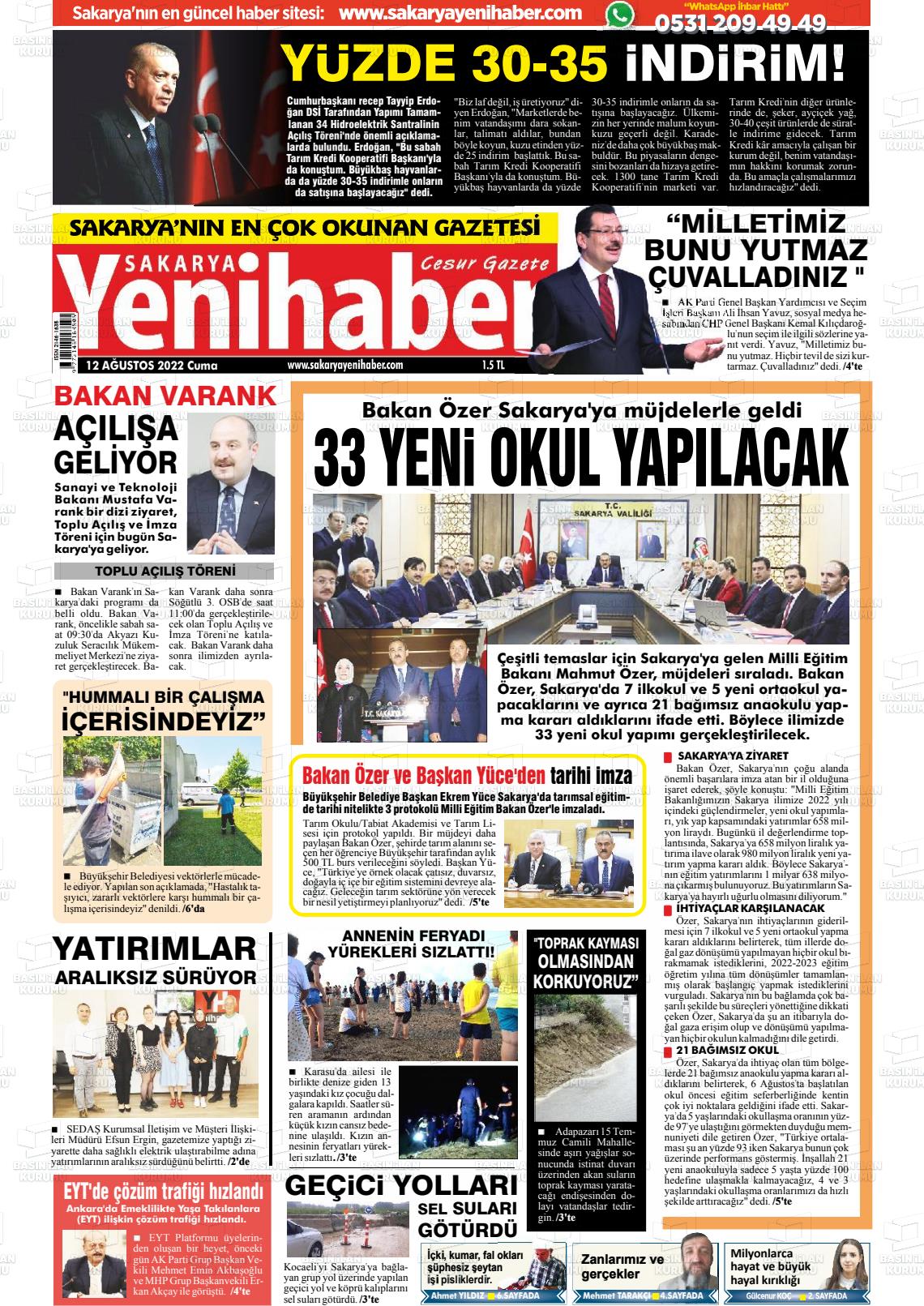 12 Ağustos 2022 Sakarya Yeni Haber Gazete Manşeti