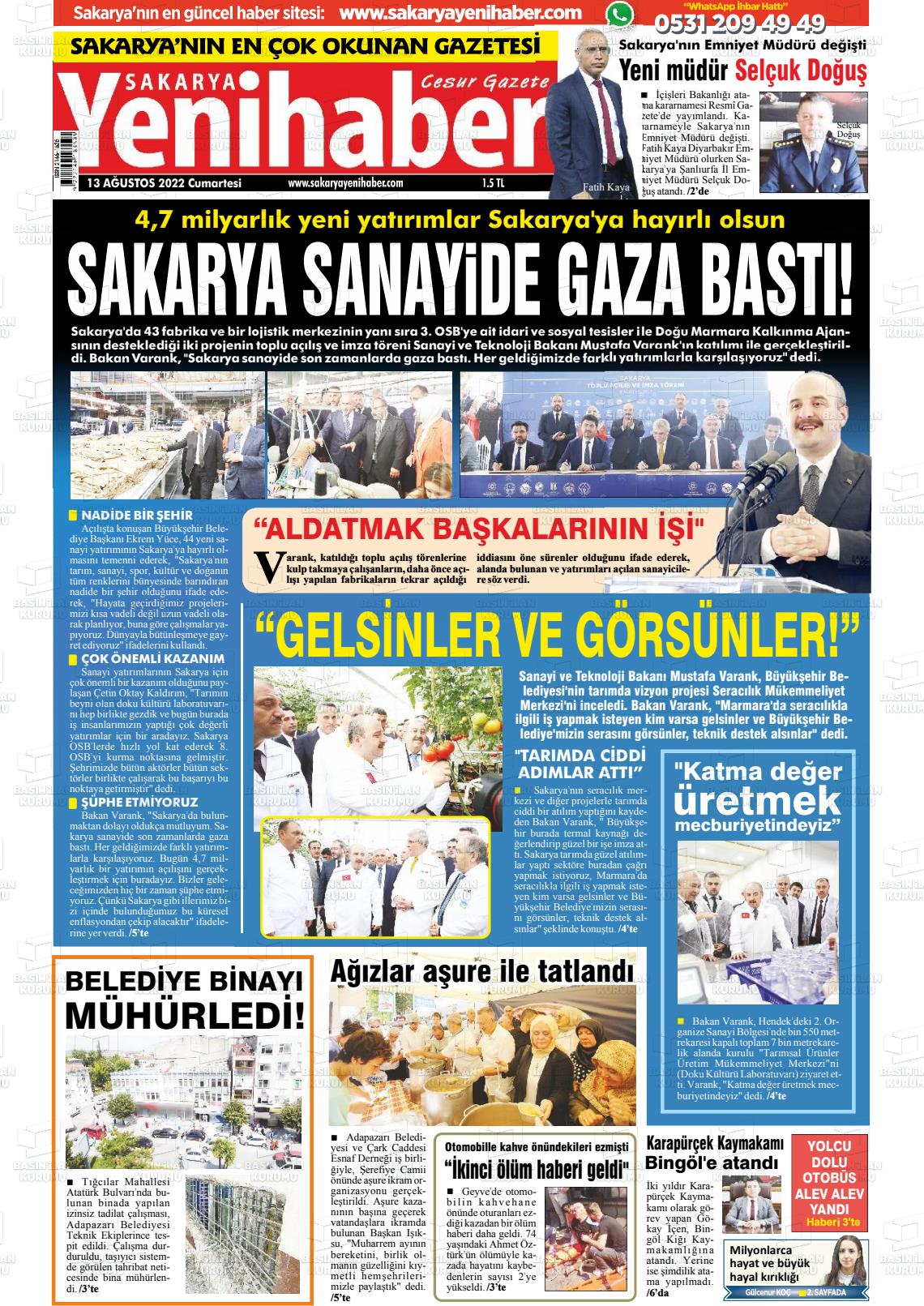 13 Ağustos 2022 Sakarya Yeni Haber Gazete Manşeti