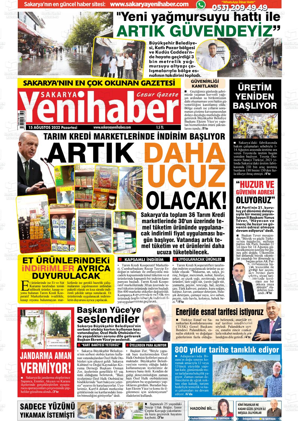 15 Ağustos 2022 Sakarya Yeni Haber Gazete Manşeti