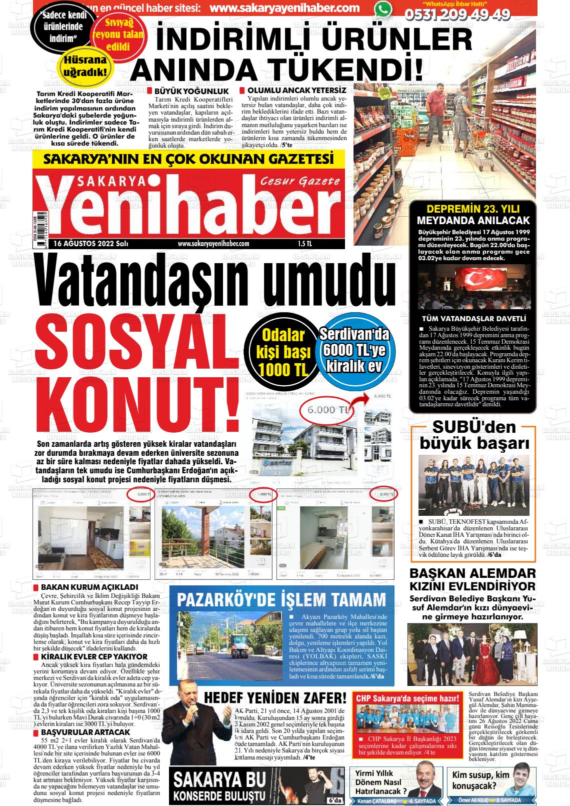 16 Ağustos 2022 Sakarya Yeni Haber Gazete Manşeti
