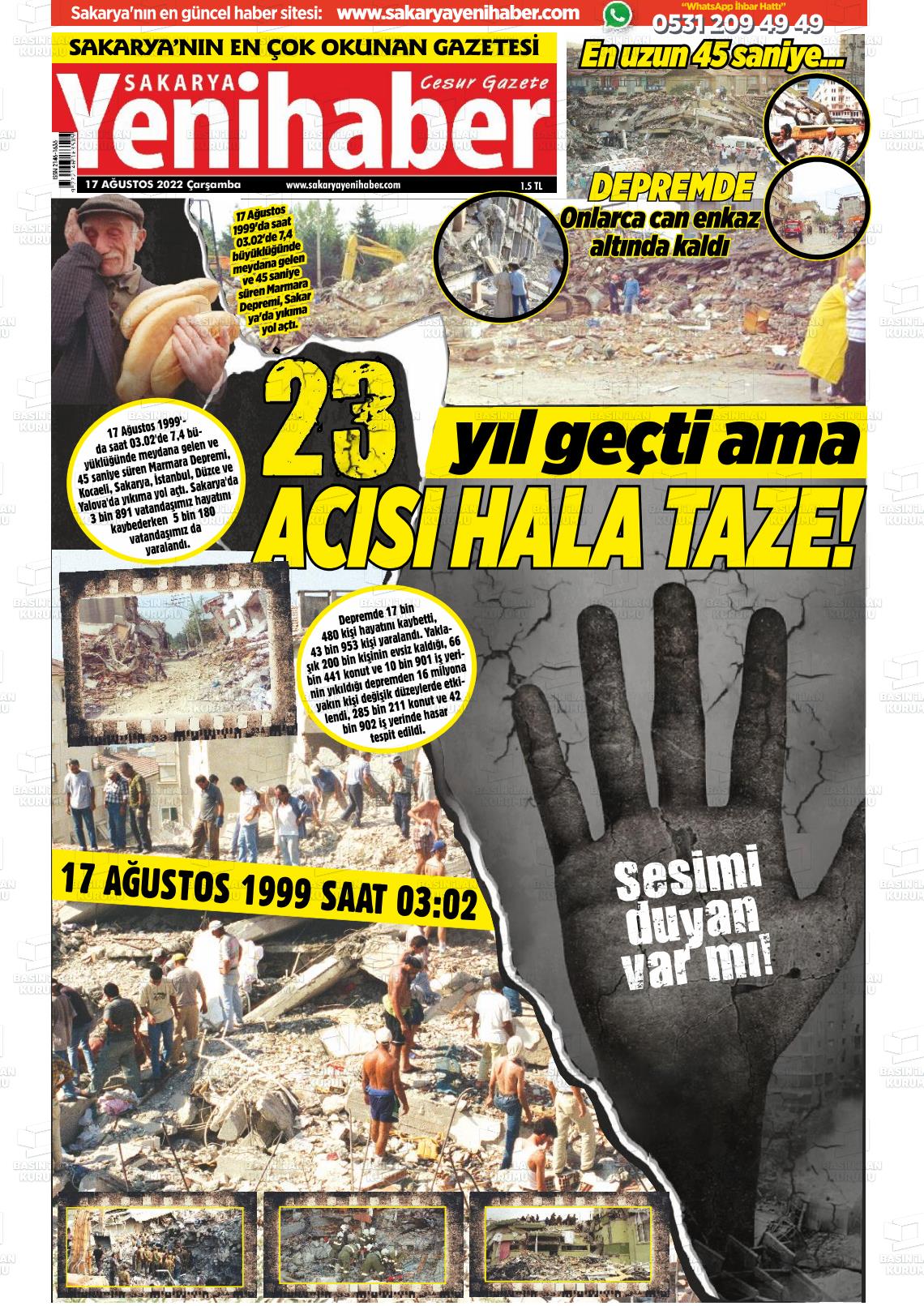 17 Ağustos 2022 Sakarya Yeni Haber Gazete Manşeti