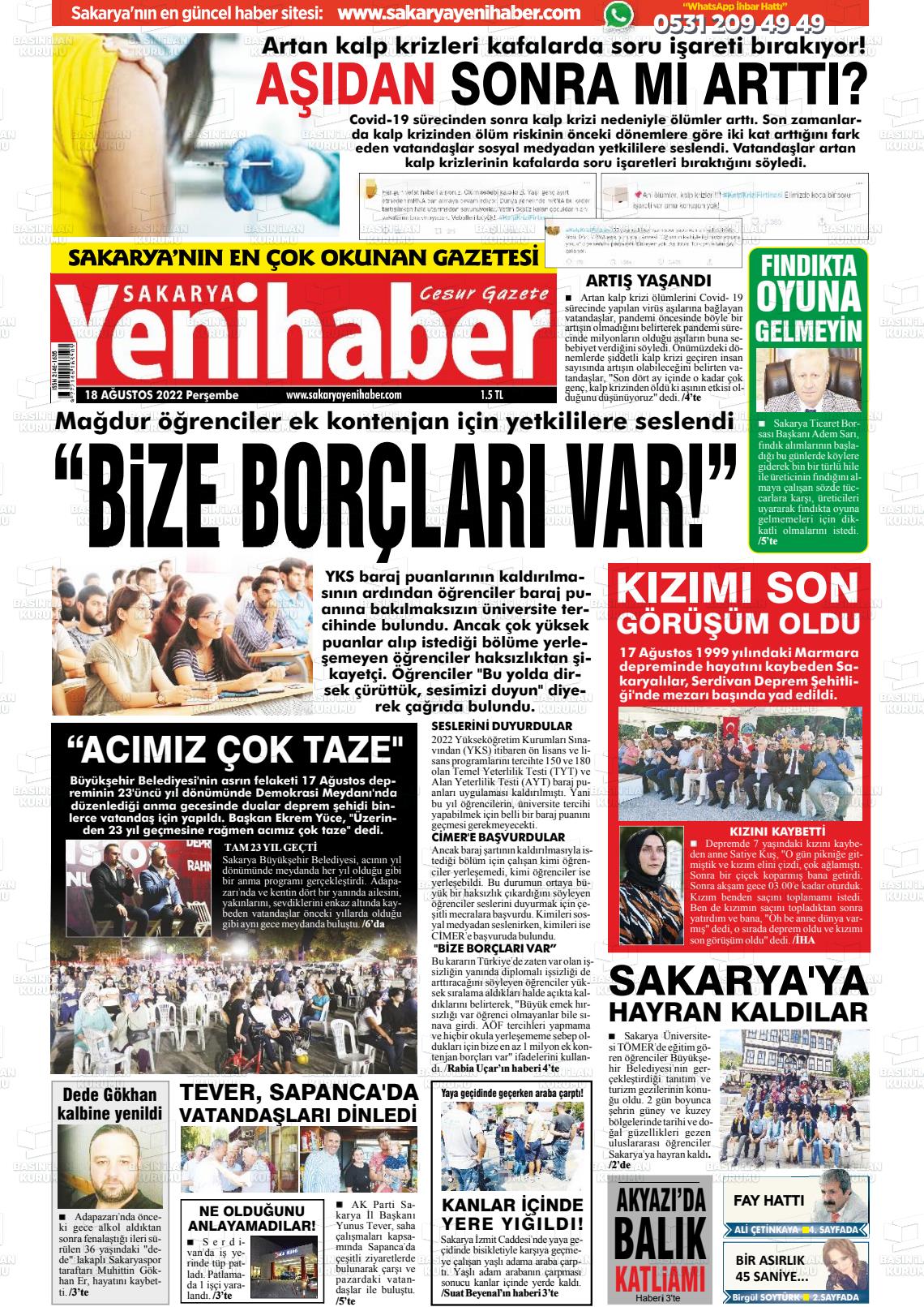 18 Ağustos 2022 Sakarya Yeni Haber Gazete Manşeti