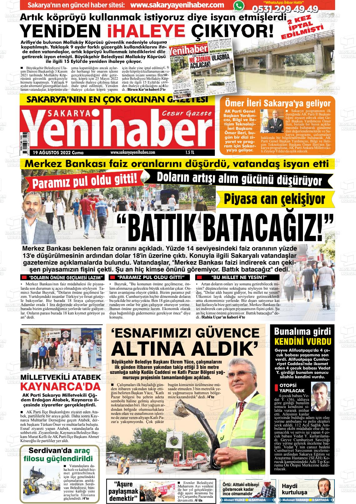 19 Ağustos 2022 Sakarya Yeni Haber Gazete Manşeti