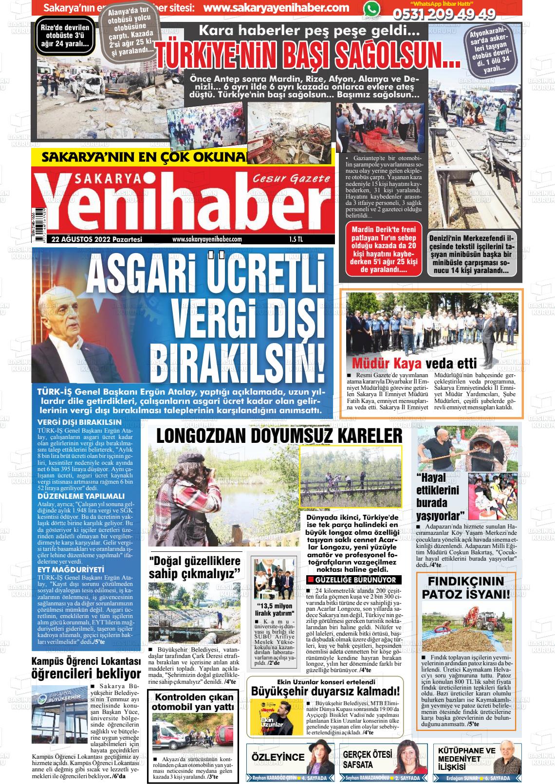 22 Ağustos 2022 Sakarya Yeni Haber Gazete Manşeti