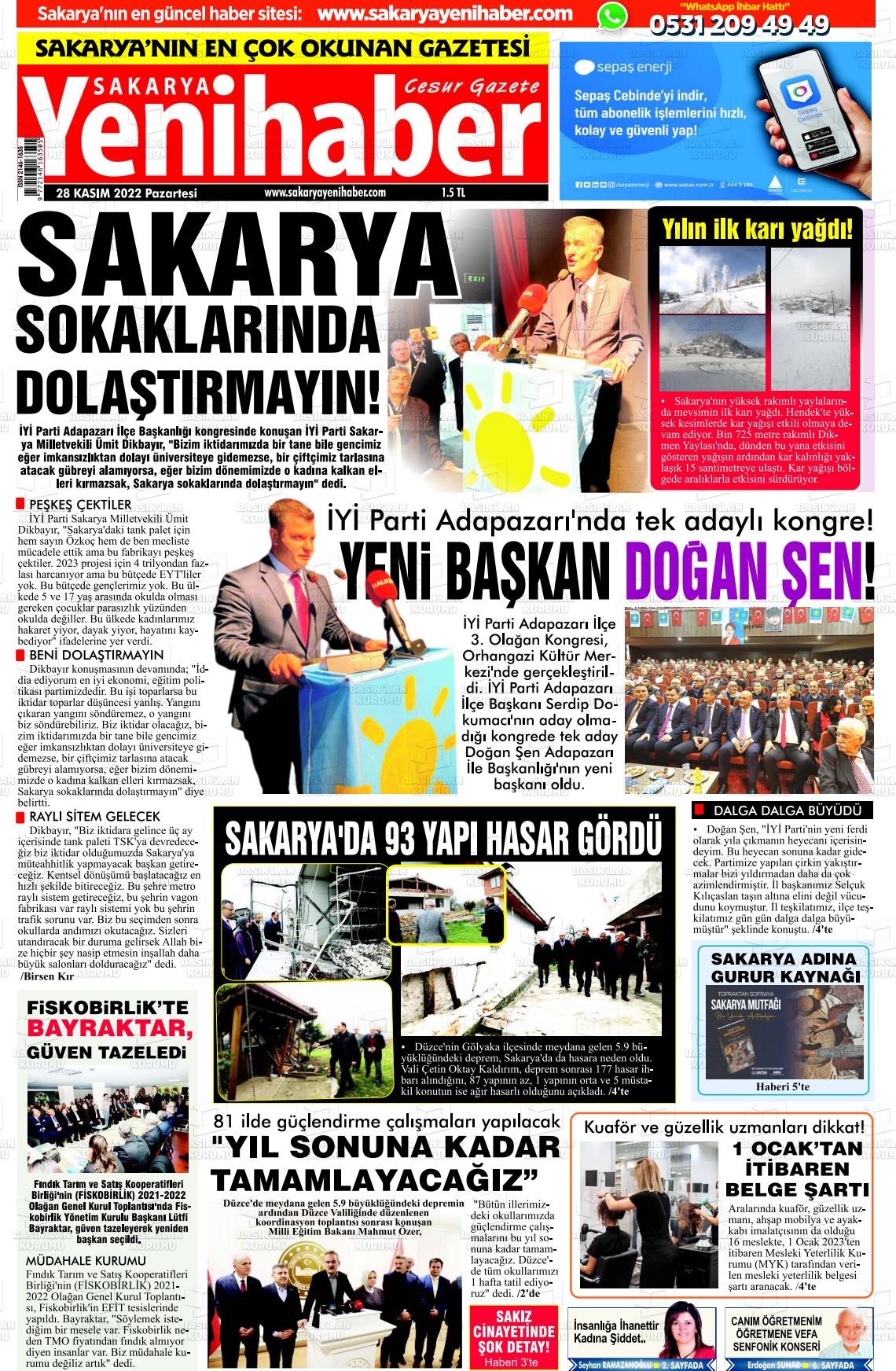 28 Kasım 2022 Sakarya Yeni Haber Gazete Manşeti