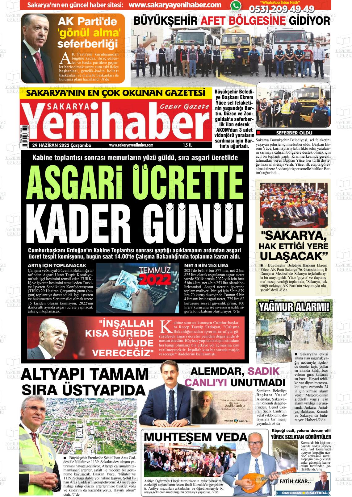 29 Haziran 2022 Sakarya Yeni Haber Gazete Manşeti