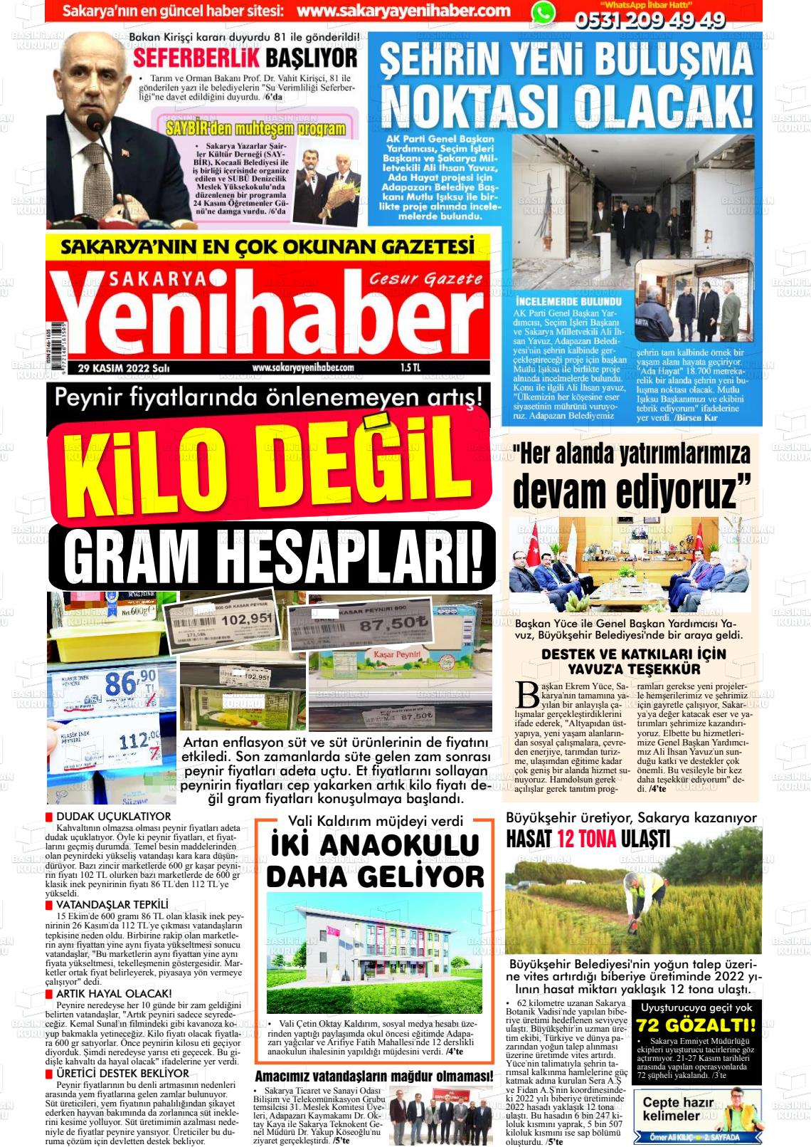 29 Kasım 2022 Sakarya Yeni Haber Gazete Manşeti