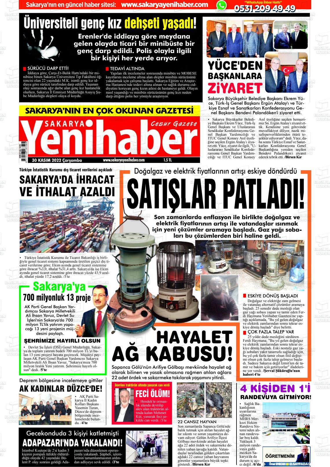 30 Kasım 2022 Sakarya Yeni Haber Gazete Manşeti
