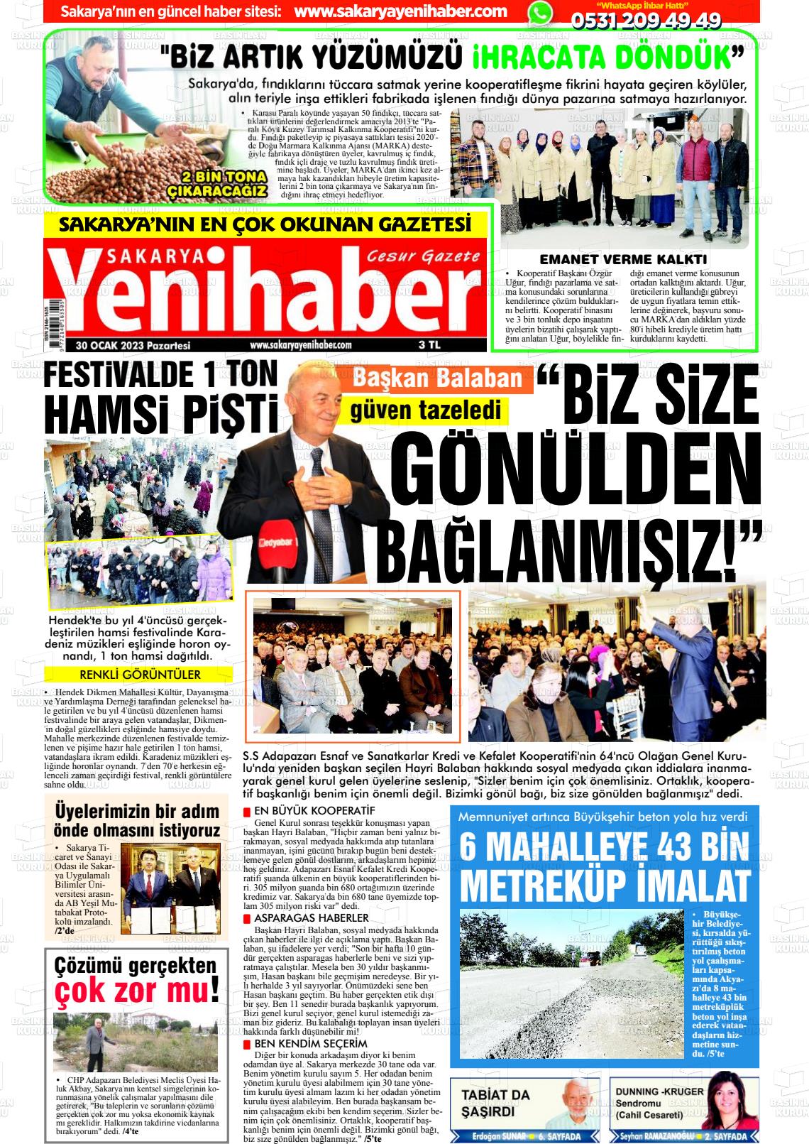 30 Ocak 2023 Sakarya Yeni Haber Gazete Manşeti