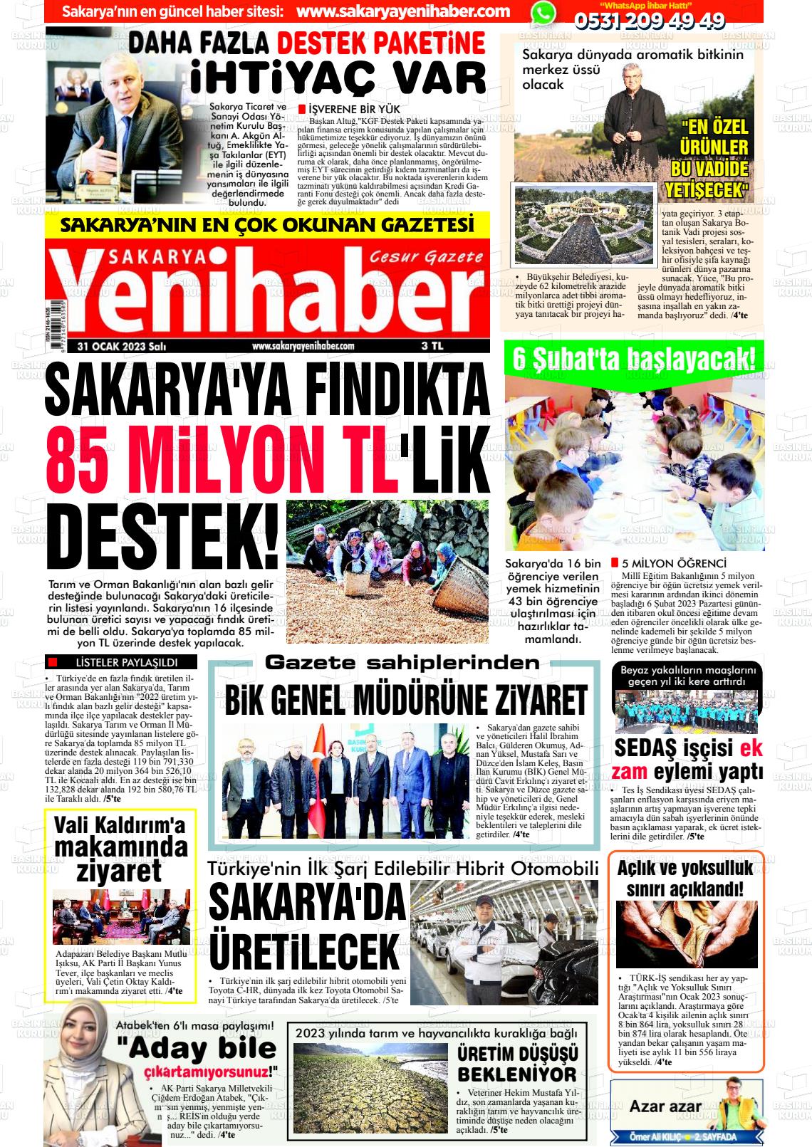 31 Ocak 2023 Sakarya Yeni Haber Gazete Manşeti