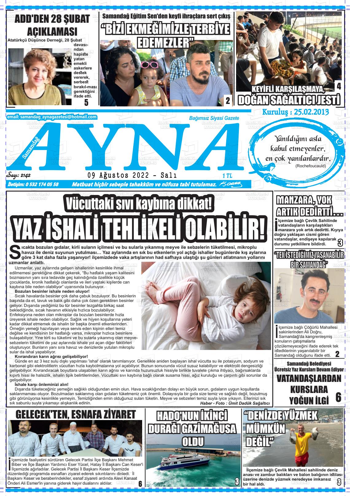 09 Ağustos 2022 Samandağ Ayna Gazete Manşeti