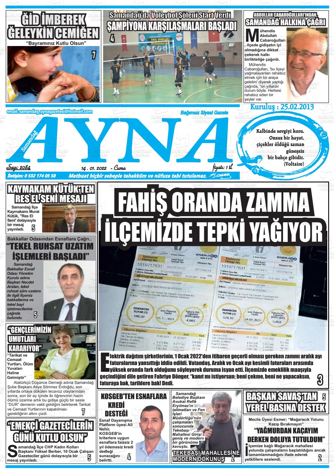 14 Ocak 2022 Samandağ Ayna Gazete Manşeti