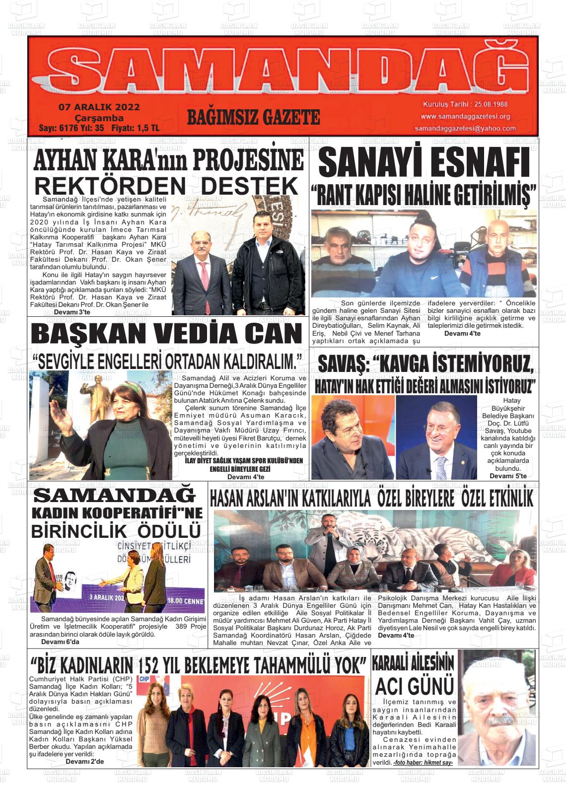 07 Aralık 2022 Samandağ Gazete Manşeti