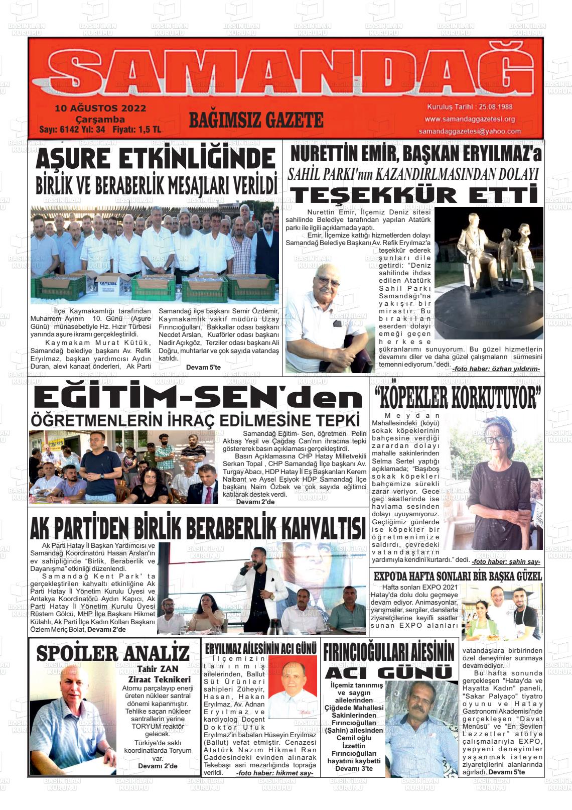 10 Ağustos 2022 Samandağ Gazete Manşeti