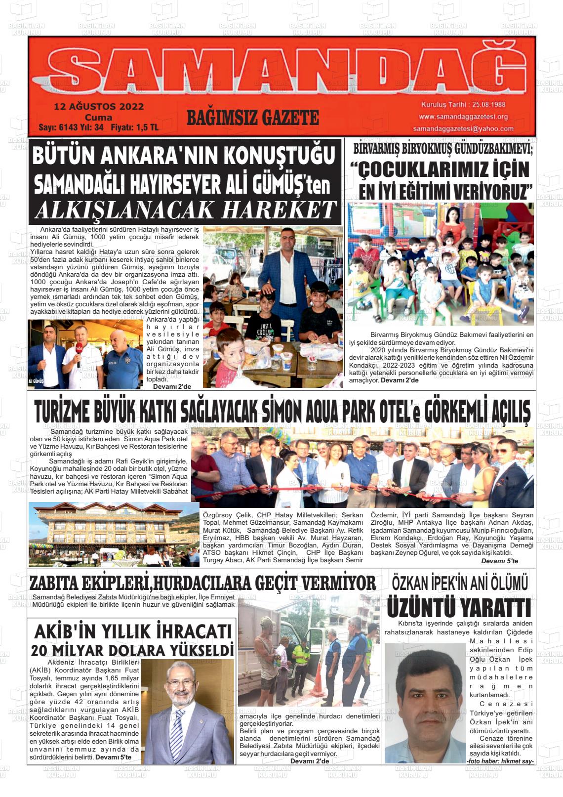 12 Ağustos 2022 Samandağ Gazete Manşeti