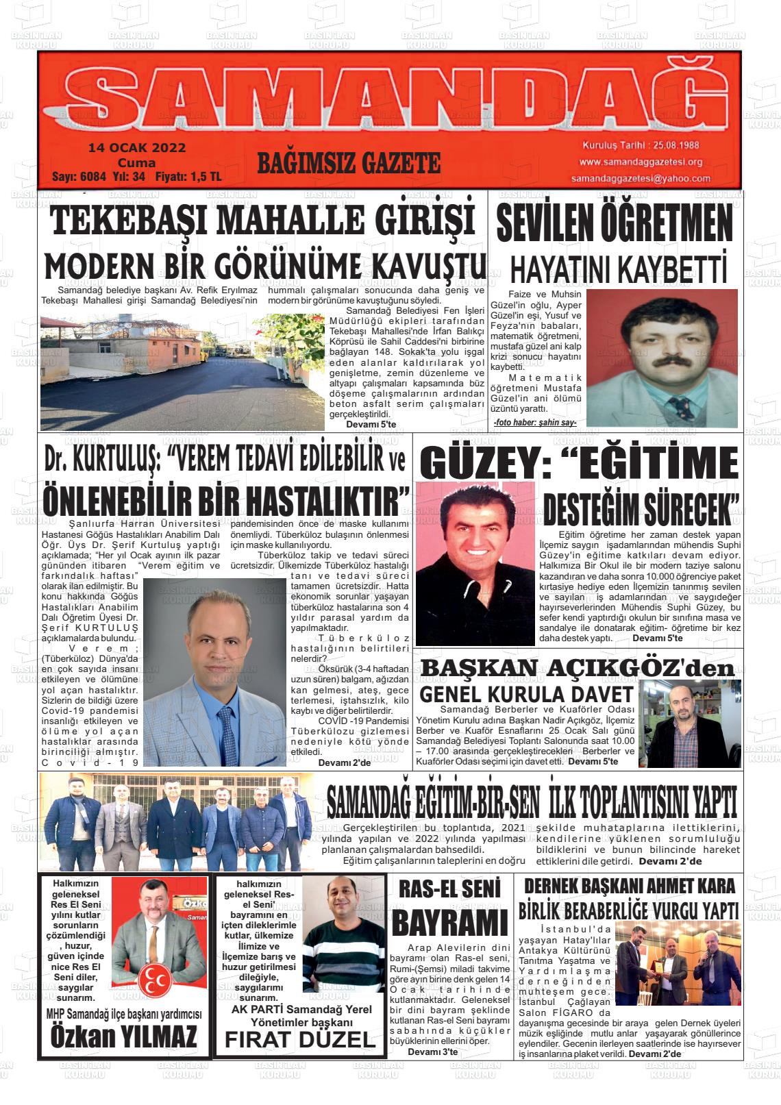 14 Ocak 2022 Samandağ Gazete Manşeti