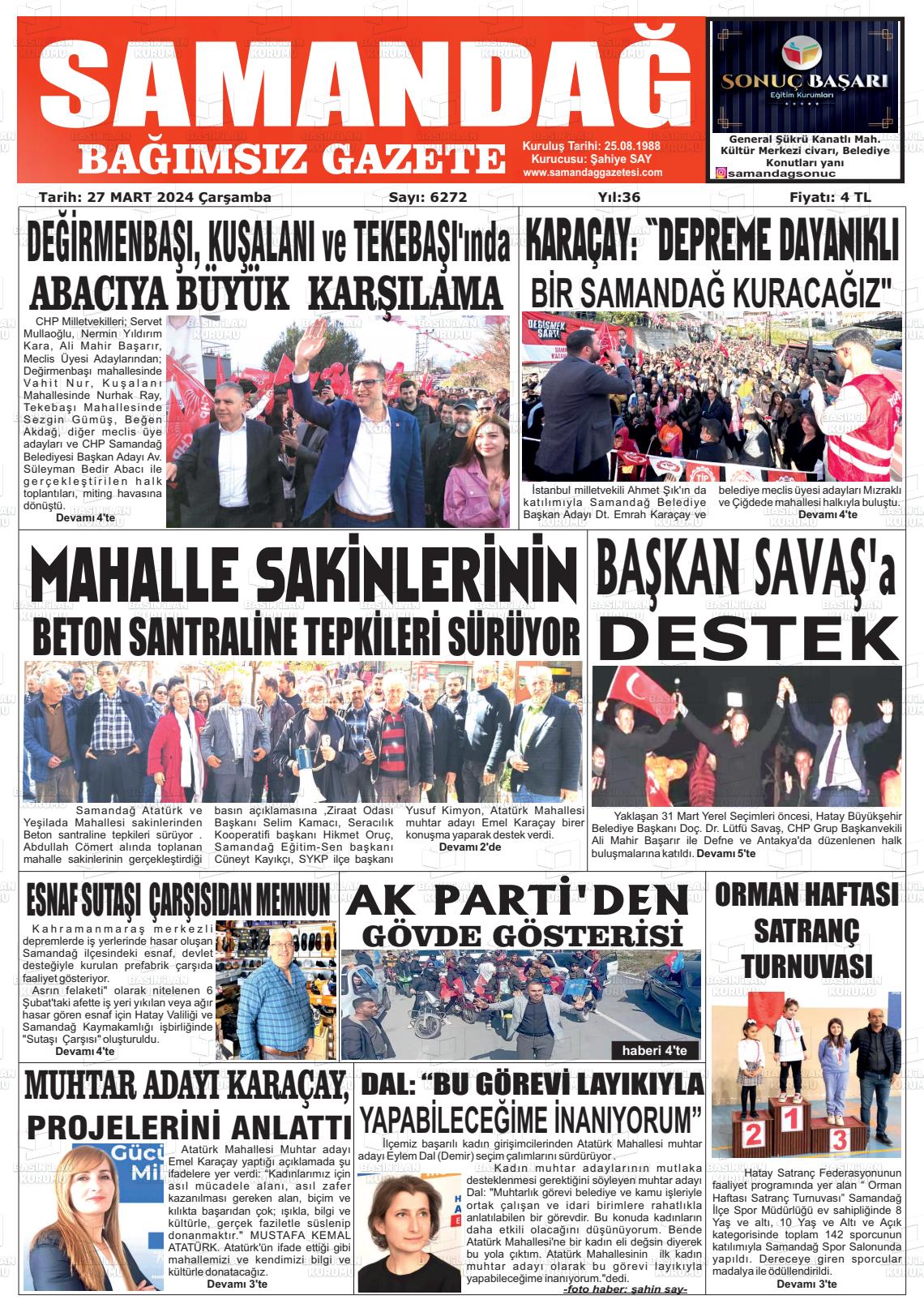 27 Mart 2024 Samandağ Gazete Manşeti