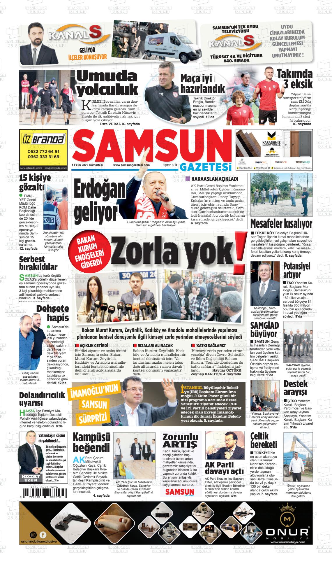 01 Ekim 2022 Samsun Gazete Manşeti