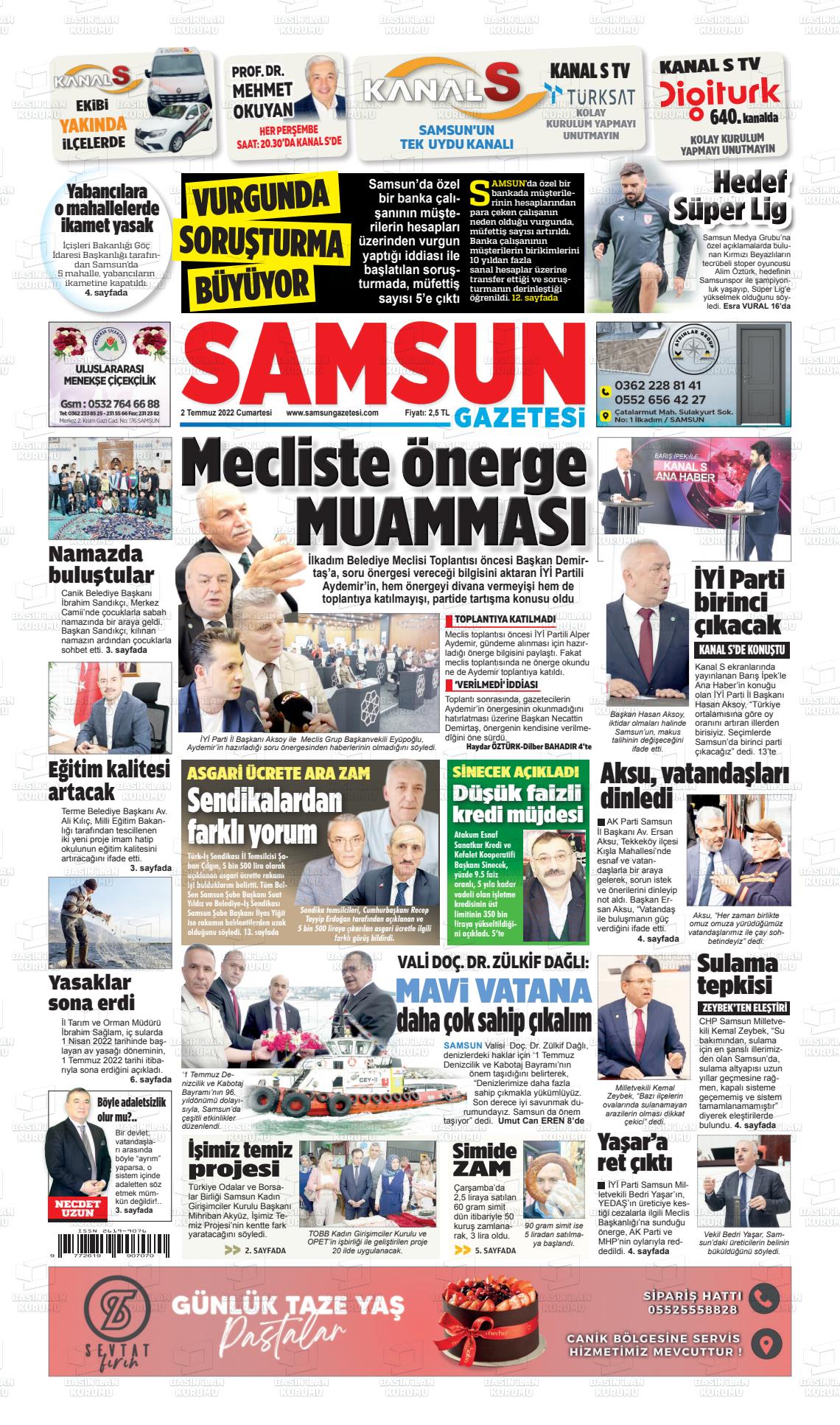02 Temmuz 2022 Samsun Gazete Manşeti